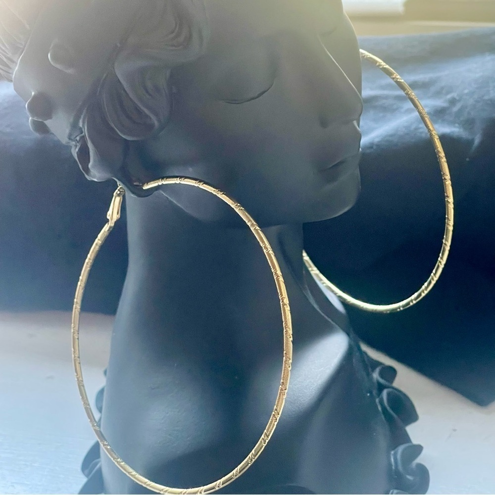 Bold 4” Gold Bamboo Textured Hoop Earrings